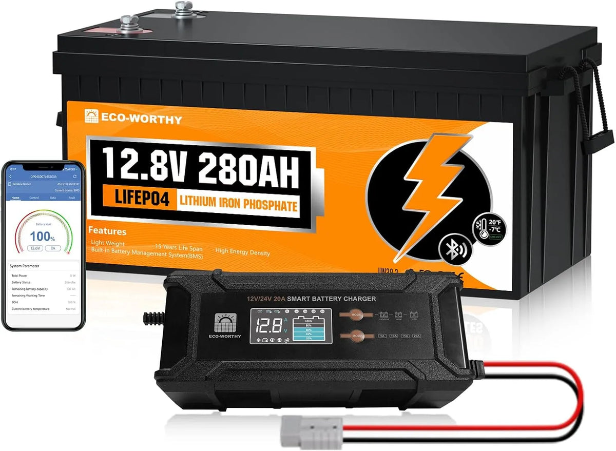 Modèle Lithium 280AH Bluetooth avec Batterie Chargeur 12 LiFePO4 ECO-WORTHY Batterie, Max. 15 000 Cycles pour Camping-Car, Caravane, Bateau