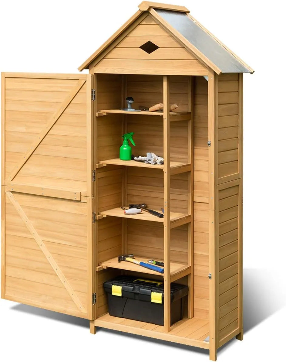 Armoire de jardin Costway, Bois, 2 Portes Verrouillables, 4 Etagères, Toit Pente Galvanisé, Trou de Ventilation