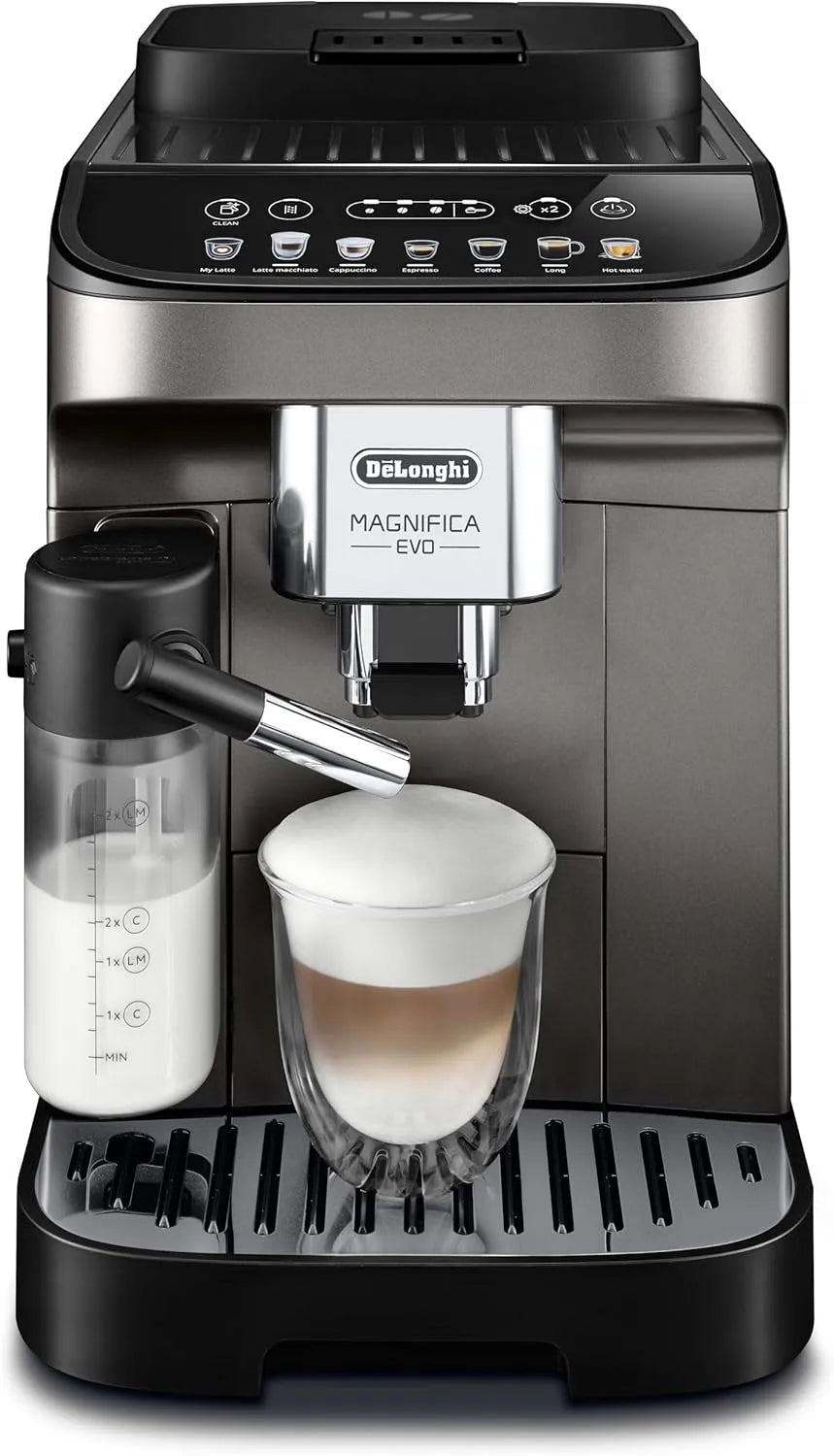 De'Longhi cafetière ECAM290.81.TB, Taille Compacte Machine Grain, 7 Recettes, Magnifica Evo, Affichage Tactile Doux Coloré, Titane, finition noire