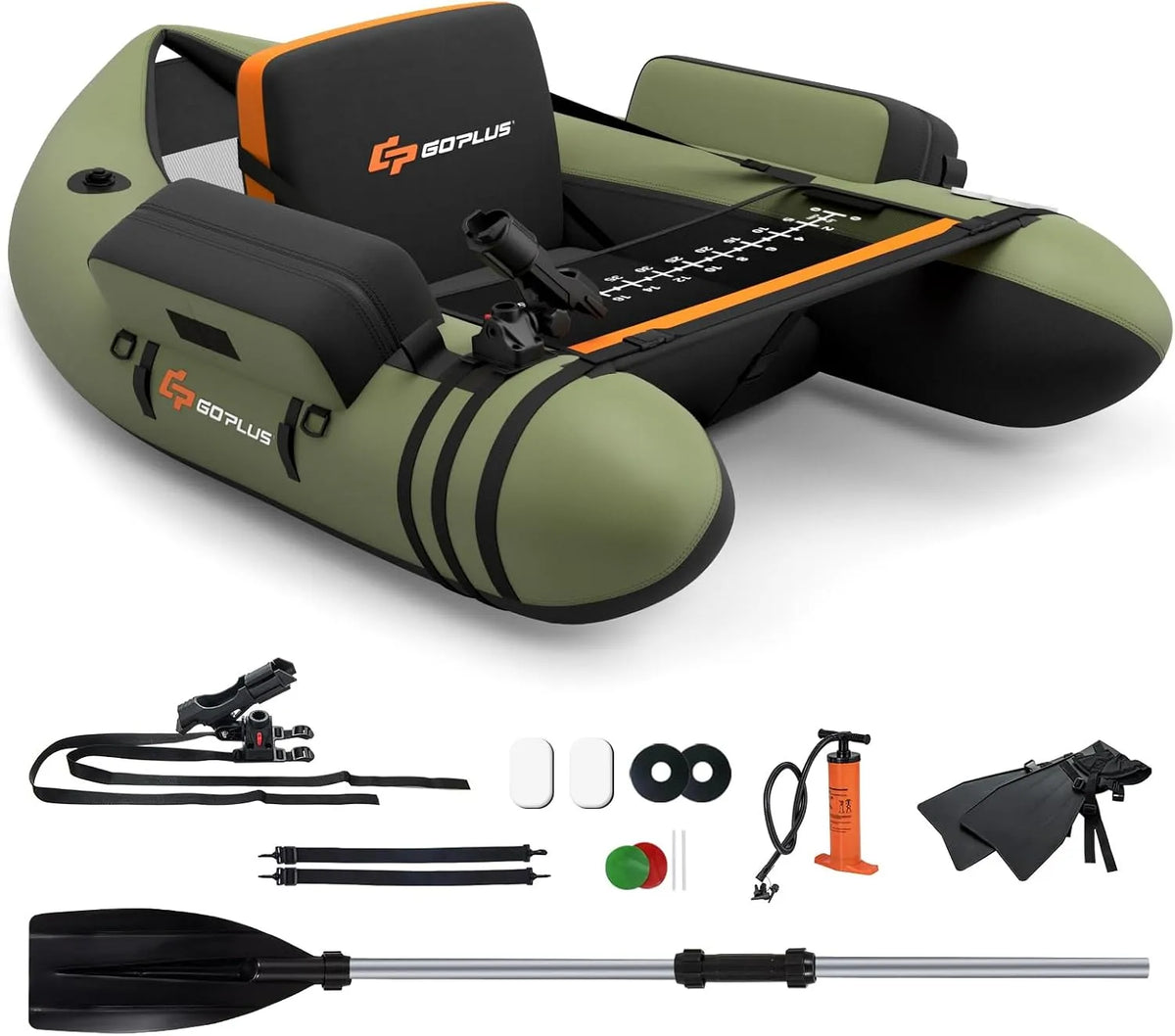 Goplus pompe, Bateau Pêche Gonflable, Dossier, Règle à Poisson, Pagaie, Capacité 150KG, Float Tube Tissu Polyester avec Support de Canne Peches