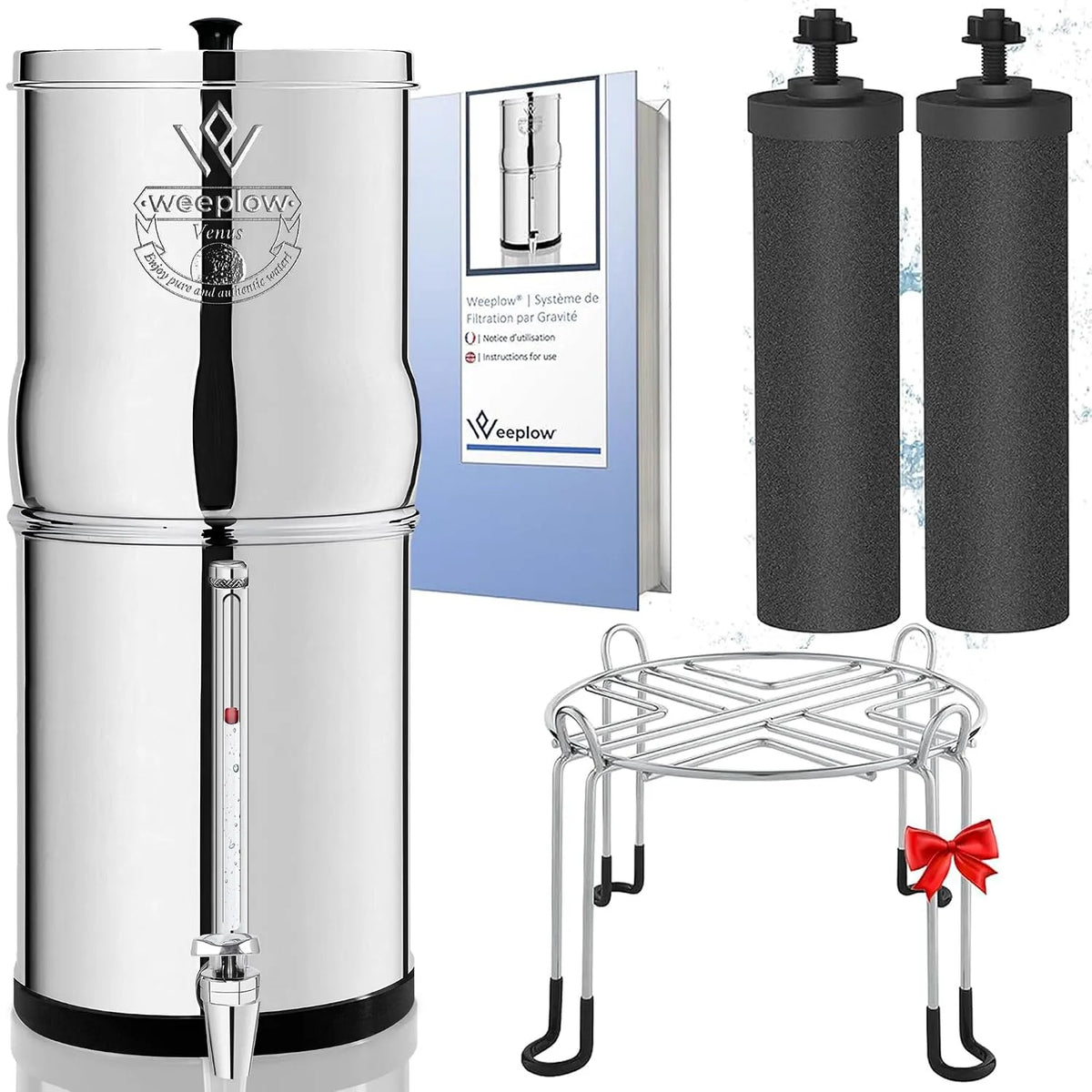 AISI 304 Weeplow Venus, avec 2 Eléments de Purification O'Pure 2, Robinet, Système de Filtration d'Eau par Gravité 5,6 Litres