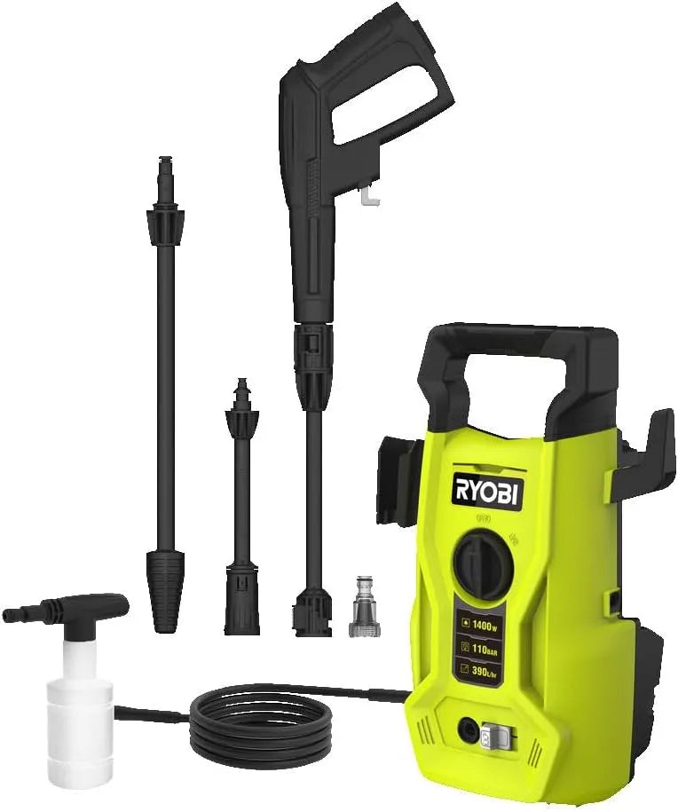 Ryobi nettoyeur haute pression RY110PWA, puissance 1400 W, capacité 390 L, buse détergent 0,35 L, 110 Bars, Flexible 5 m PVC, Lance Vario, Lance Turbo