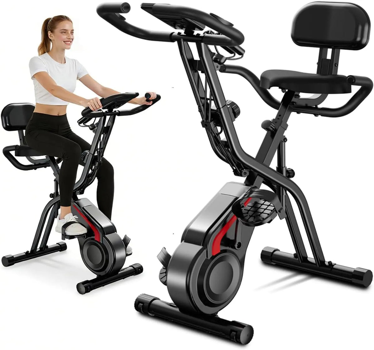 Vélo, d'appartement pliable 5 en 1 pour maison, charge 136 kg, 8 niveaux de résistance magnétique, statique avec écran LCD, bandes élastiques