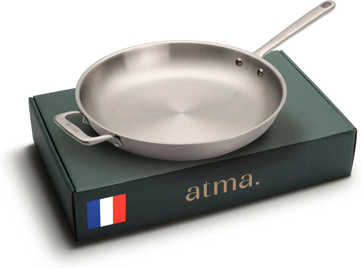 Four, Sans PFAS ni Revêtement Chimique, Poêle Induction 32cm avec Manche Riveté, Atma la Bonne Poêle Inox Triple Couche, Fabriquée en France