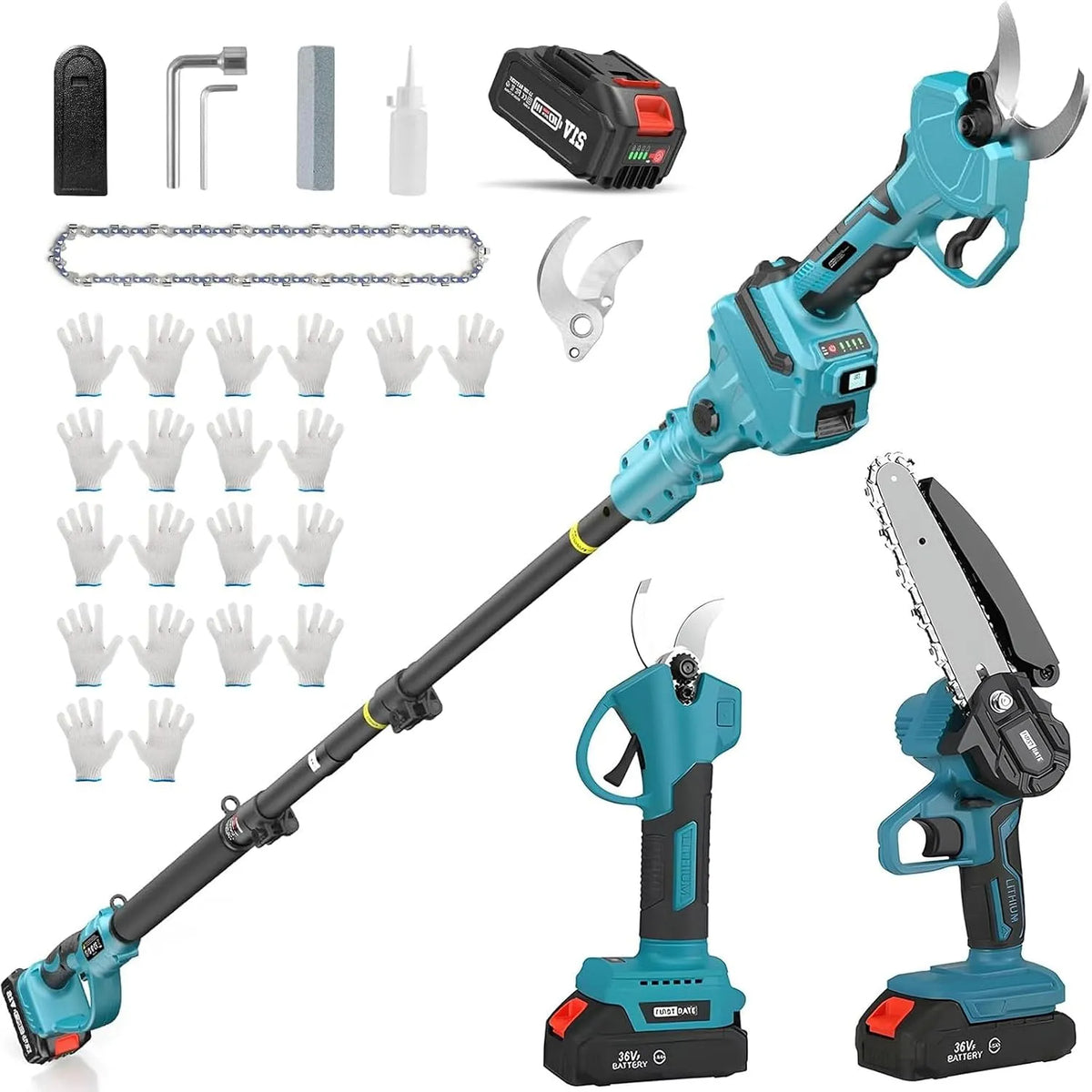 Modèle pour Perche SK5 Sécateur électrique, Ciseaux de Jardin avec Lames, réglage de l'angle et 10 Gants, Batterie Li-ION 2.0Ah, sans Fil