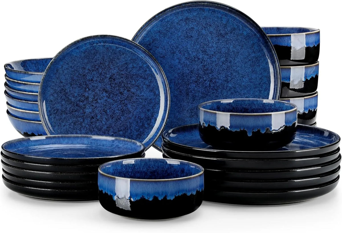 Table, avec 6 Assiettes Plates, vancasso Série STARRY Service de 24 Pièces en Grès, Service Vaisselle 6 Personnes, Bleu à Émail Réactif
