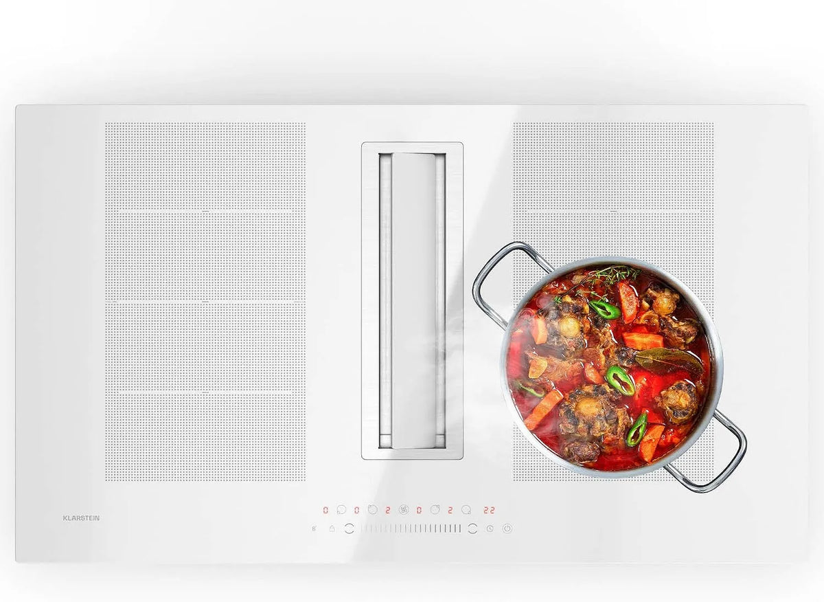 Table Klarstein, Chef-Fusion à induction avec hotte intégrée, puissance 7200 W Flex-Zone, 610 m³/h, classe énergétique A, commande tactile