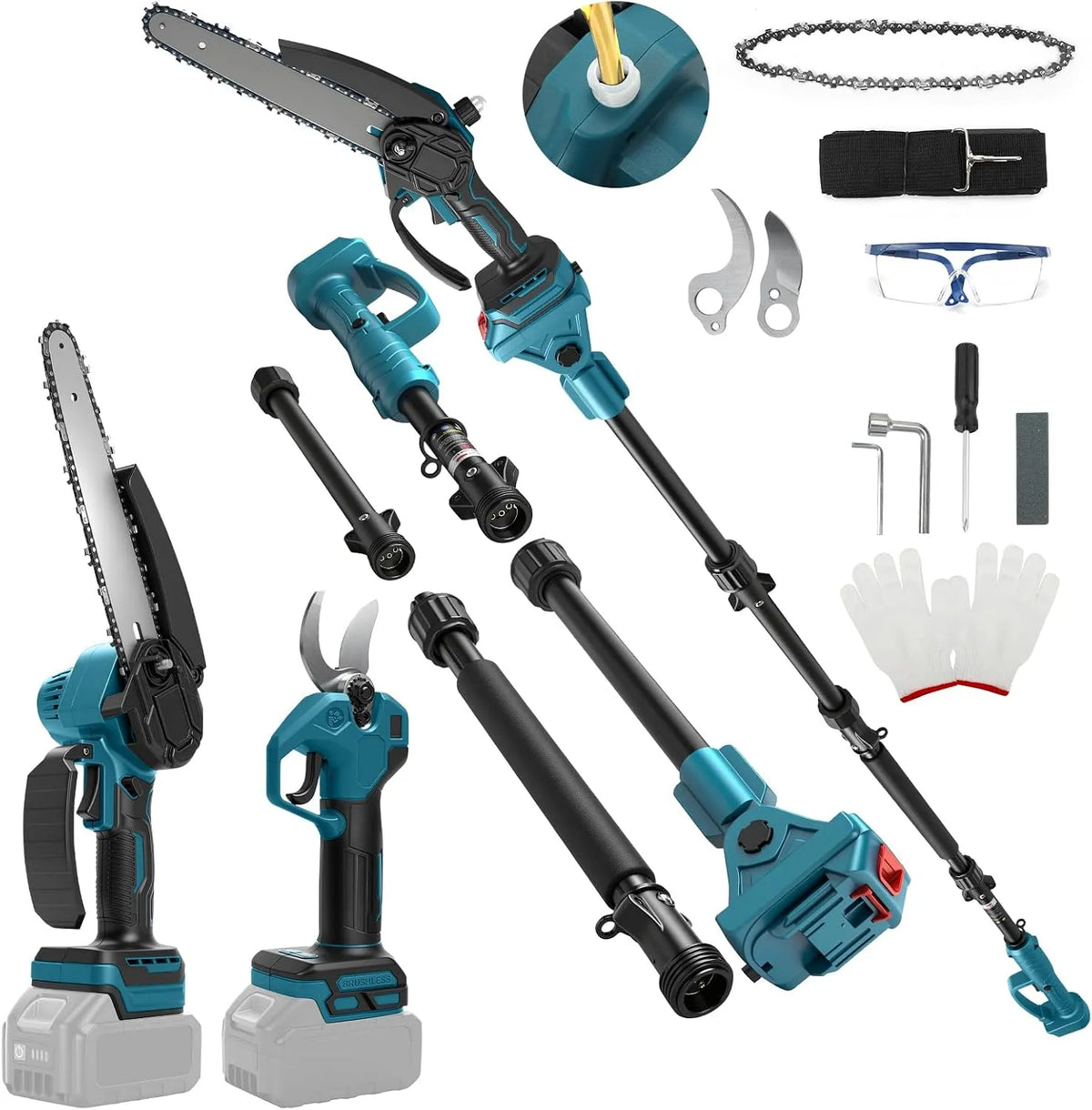 Makita, avec perche télescopique & élagueuse électrique 28 mm, Scie à chaîne miniature de 8 pouces, set de jardin 4-en-1 compatible avec batterie