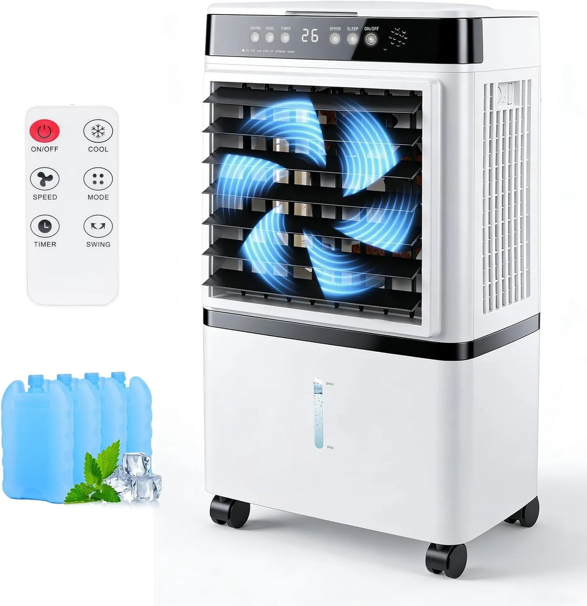 Climatiseur, 8 500 BTU pour, 3 modes, 3 niveaux de vitesse, 3 niveaux de vitesse, réservoir d'eau de 12 litres, 4 blocs de glace, oscillation 120°