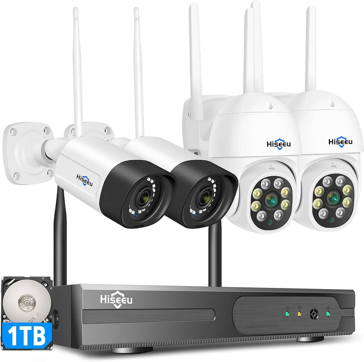 Caméra de Surveillance WiFi Extérieure,20M Vision Nocturne Colorée PTZ+5MP 10CH 1To Kit, Hiseeu Vidéo Surveillance NVR HDD et 4X5MP Caméra
