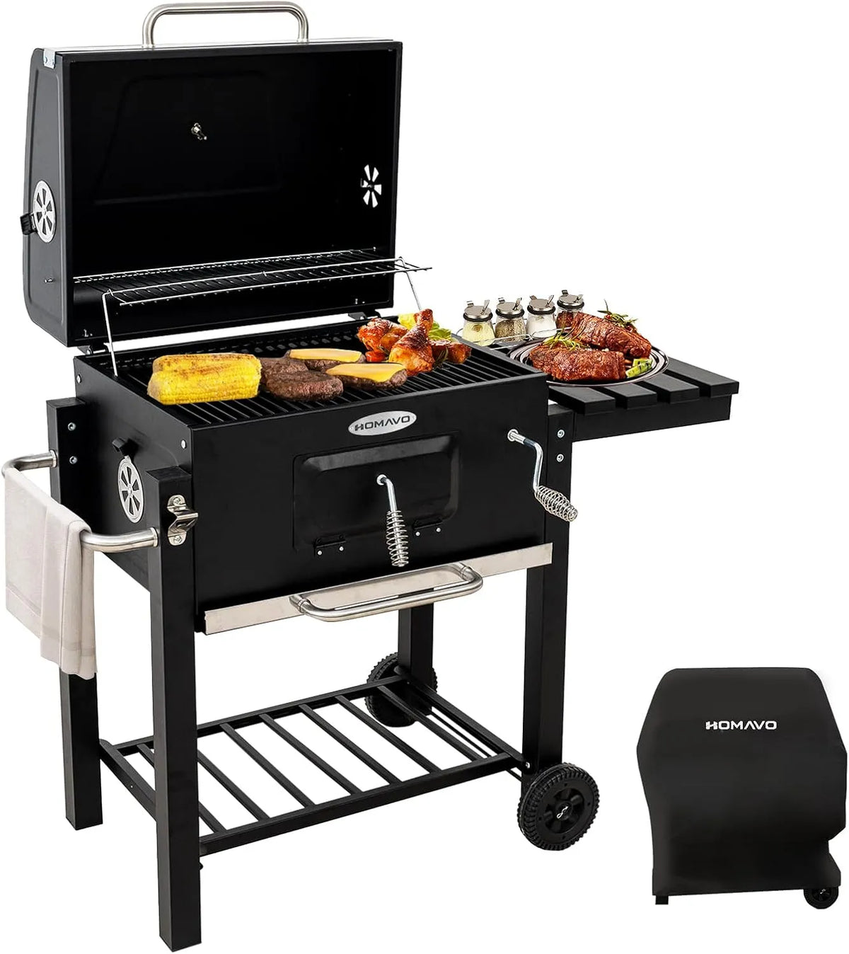 Barbecue, Surface de Cuisson 56×42,5 cm, Table Latérale Pliante et Housse de Protection Incluse, Charbon de Bois, Gril avec Couvercle