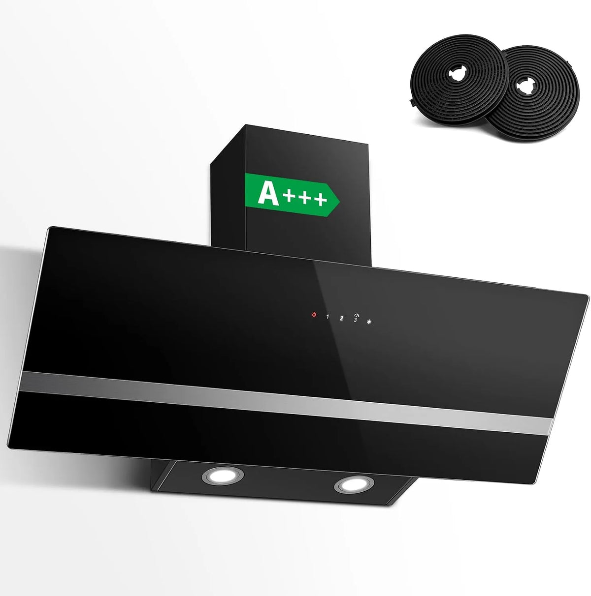 Hotte aspirante SNDOAS A+++, Hotte de Cuisine 400 m³/h, Inclinée 90cm, 3 niveaux de vitesse + Boost Hotte et Filtre à Charbon Actif