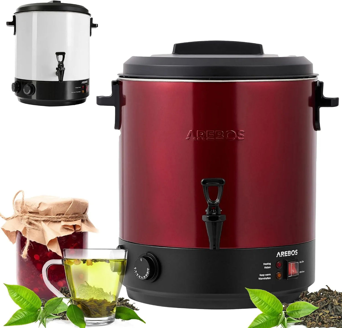 Automatique Arebos Autocuiseur, automatique 1800 W, capacité 28 l, réglable en continu de 30 à 110 °C, minuterie intégrée, Rouge
