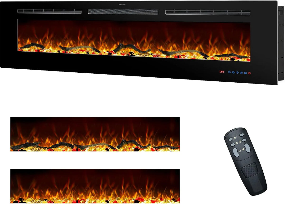 Cheminée électrique, 127cm encastrable et Murale pour l'intérieur télécommande incluse, 13 Couleurs de Flammes avec bûches et Cristal, minuterie 9H