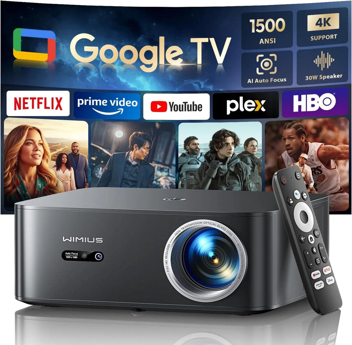 Modèle Vidéoprojecteur 4K 1500 WiFi6 1080P, Projecteur 4K Auto Focus, ANSI, Netflix Disney+Officiel, Contrôle Vocal, Google TV
