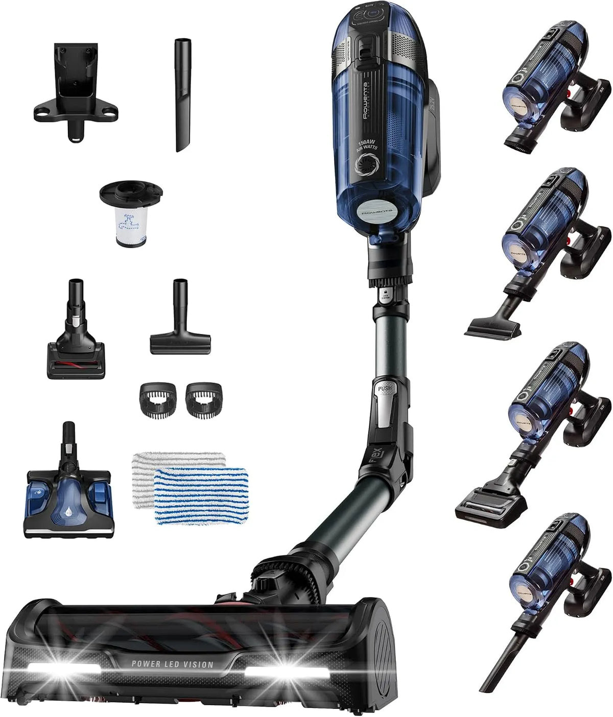 Rowenta aspirateur balai 150AW 45min RH98C8WO, X-Force Flex 12.60 Aqua Laveur sans Fil, Aspire et Lave Simultanément, Puissance, Autonomie, LED