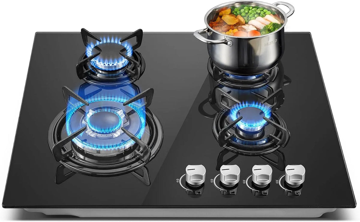 Plaque de cuisson, de Cuisson Gaz 4 Feux, 220-240 V, puissance 8060W, finition noire Encastrable Table de Cuisson, Naturel, Propane, Verre