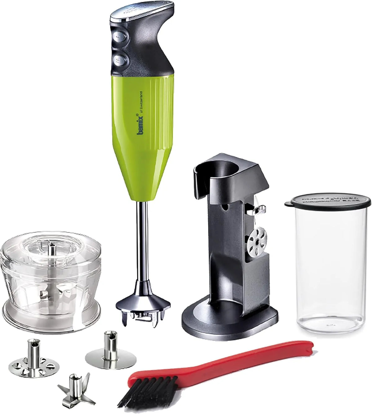 Mixeur M200 bamix Set, 3 embouts, récipient, brosse de nettoyage, Citron vert, puissance 200 W, plongeant Chef's favorite avec support, hachoir