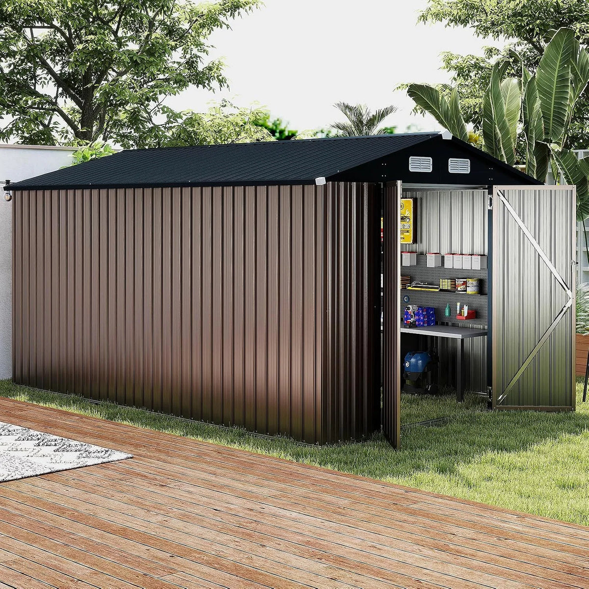 Abri de jardin Costway, Métal 7.8 m², Toit Double Pente, Poubelle, Anthracite, Cabane de Jardin Exterieur pour Vélo, 4 Aérations, Outil