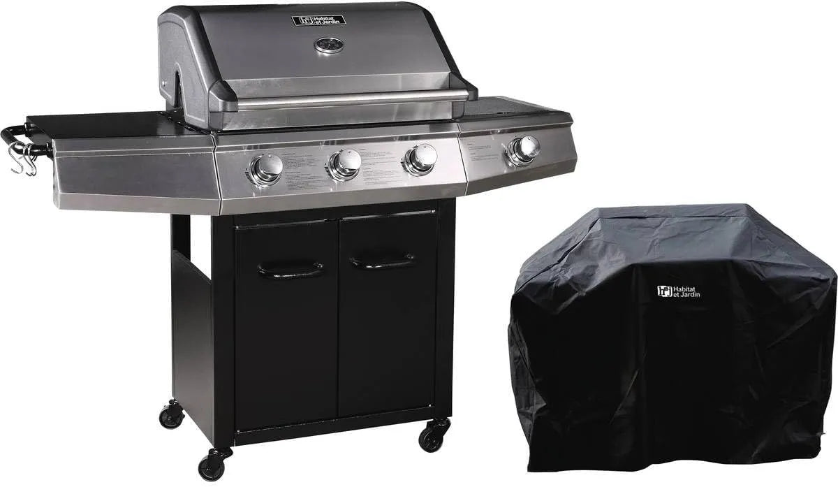 Barbecue à gaz, avec LED Bingo 4, 4 brûleurs Dont 1 latéral, puissance 14kW + Housse Protection, finition noire