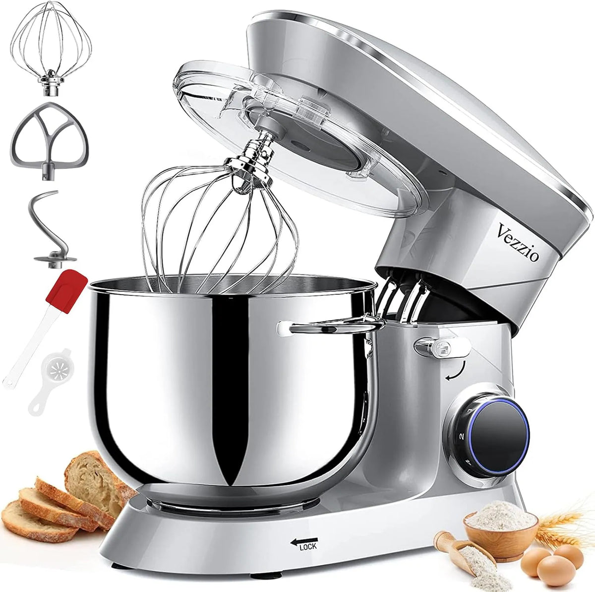 Robot pâtissier Pâtissier1500W, Vezzio Robot Cuisine Multifonctions 8.5L Robot 6 niveaux de vitesse Robot Pétrin Professionnel Faible Bruit vec