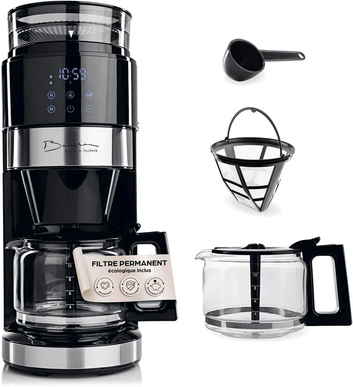 Machine à café Barista, cafetière à filtre avec verseuse en verre, cafetière à café de 1,25 l, avec broyeur