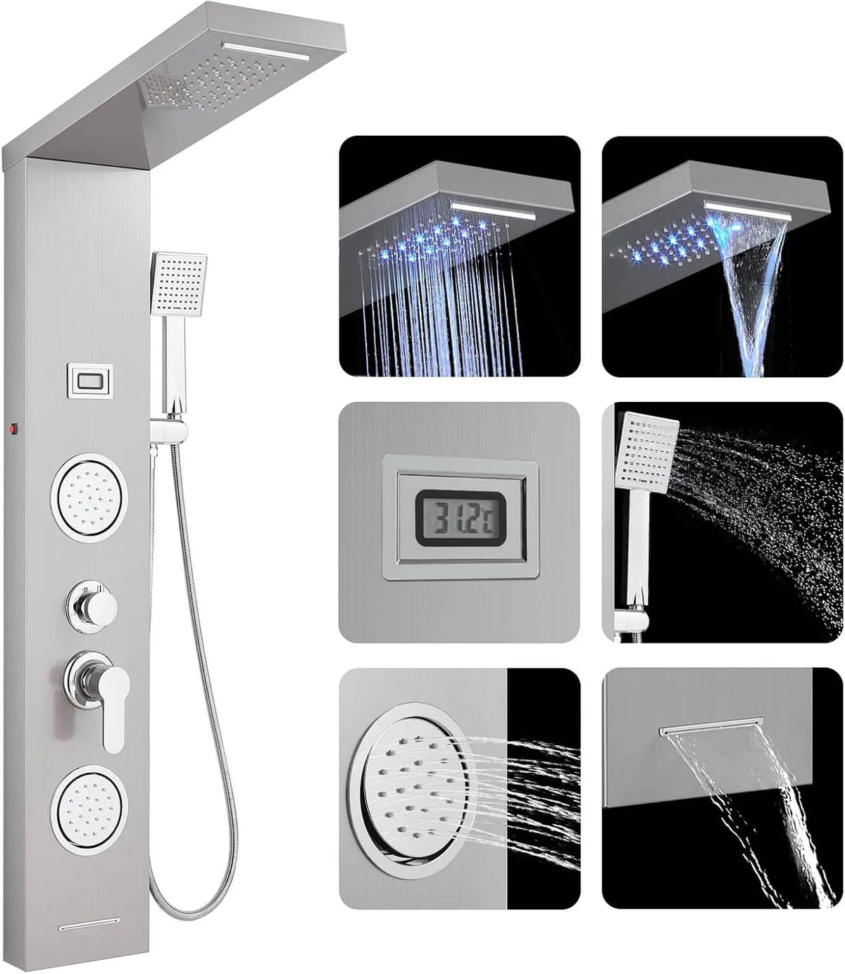 Panneau de Douche Hydromassante LED avec Robinetterie et Affichage ROVOGO Colonne, 5 Modes, Douche de Cascade, Pluie, Douchette, Jets de Massage