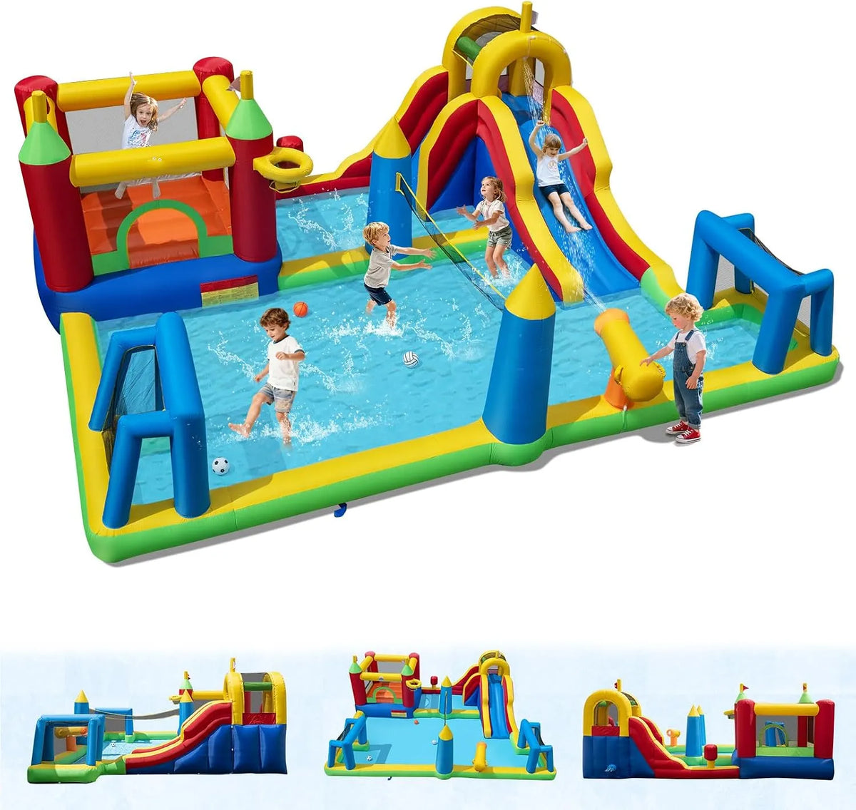 Goplus Canon Château Gonflable Exterieur, Charge 90KG, 6 en 1, Toboggan Aquatique Enfants avec Mur Escalade, Piscine à Éclaboussures, à Eau