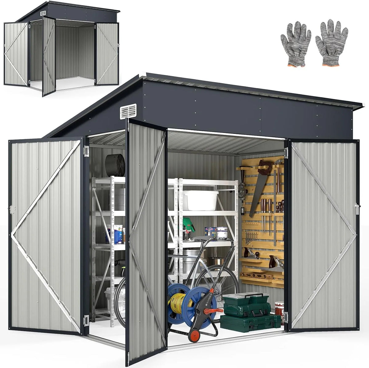 Abri de jardin RELAX4LIFE, Cabane à Outils Cabanon Résistant aux intempéries pour Poubelles Extérieur, 7.7M³, finition grise