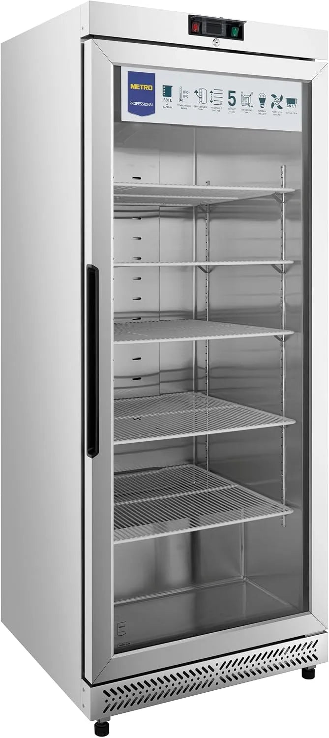 Réfrigérateur GRE6600SG METRO Professional, dimensions 7.5 x 72 x 188.5 cm, capacité 380 L, à Porte Vitrée, finition argentéeé