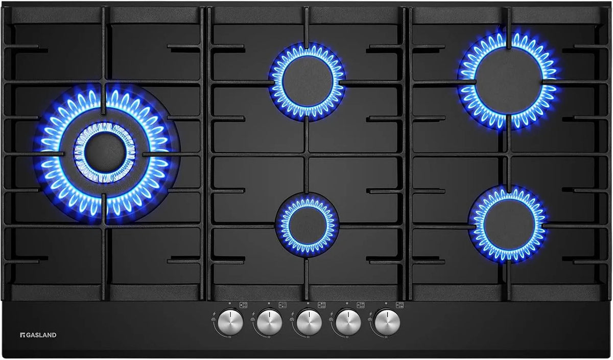 Table de cuisson GASLAND GH2905BG1FC, 87 cm finition noire vitrocéramique, puissance 10400W, à gaz encastrable, à gaz 5 feux