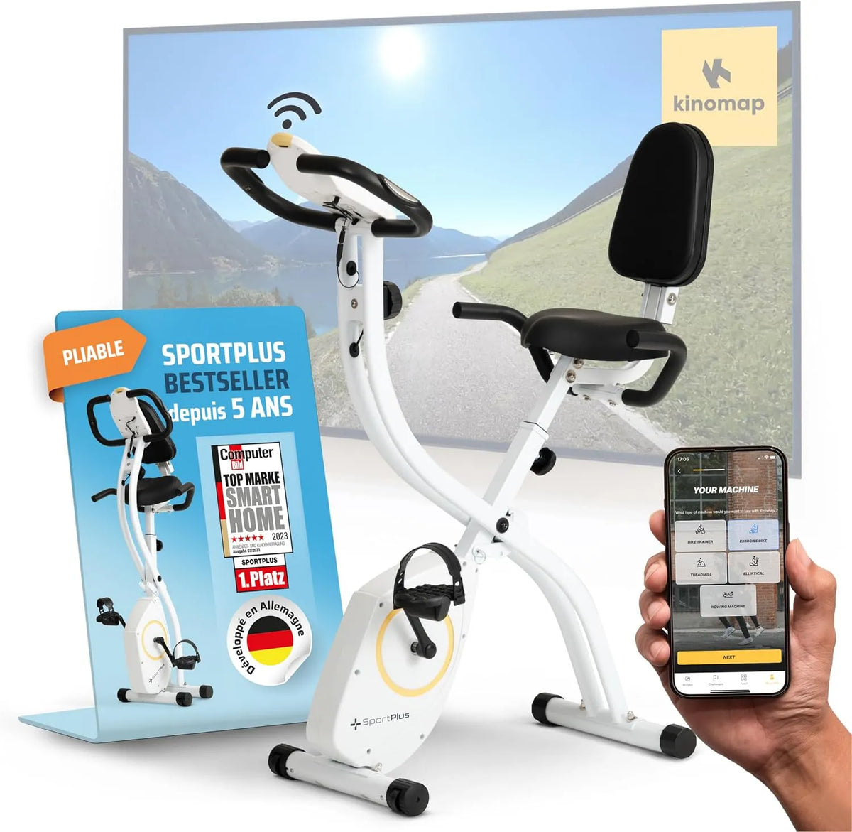 Vélo SportPlus, 8 niveaux de résistance, d'appartement pliable avec dossier, freinage magnétique silencieux, avec support tablette