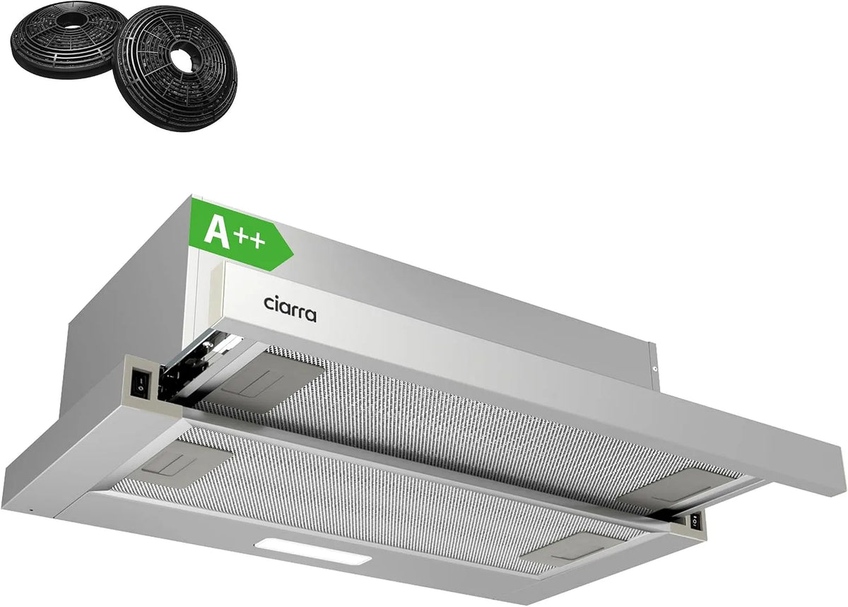 CIARRA Hotte Tiroir Téléscopique 60cm, 2 niveaux de vitesse, 370m³/h, 2 niveaux de vitesse, classe énergétique A++, Éclairage LED