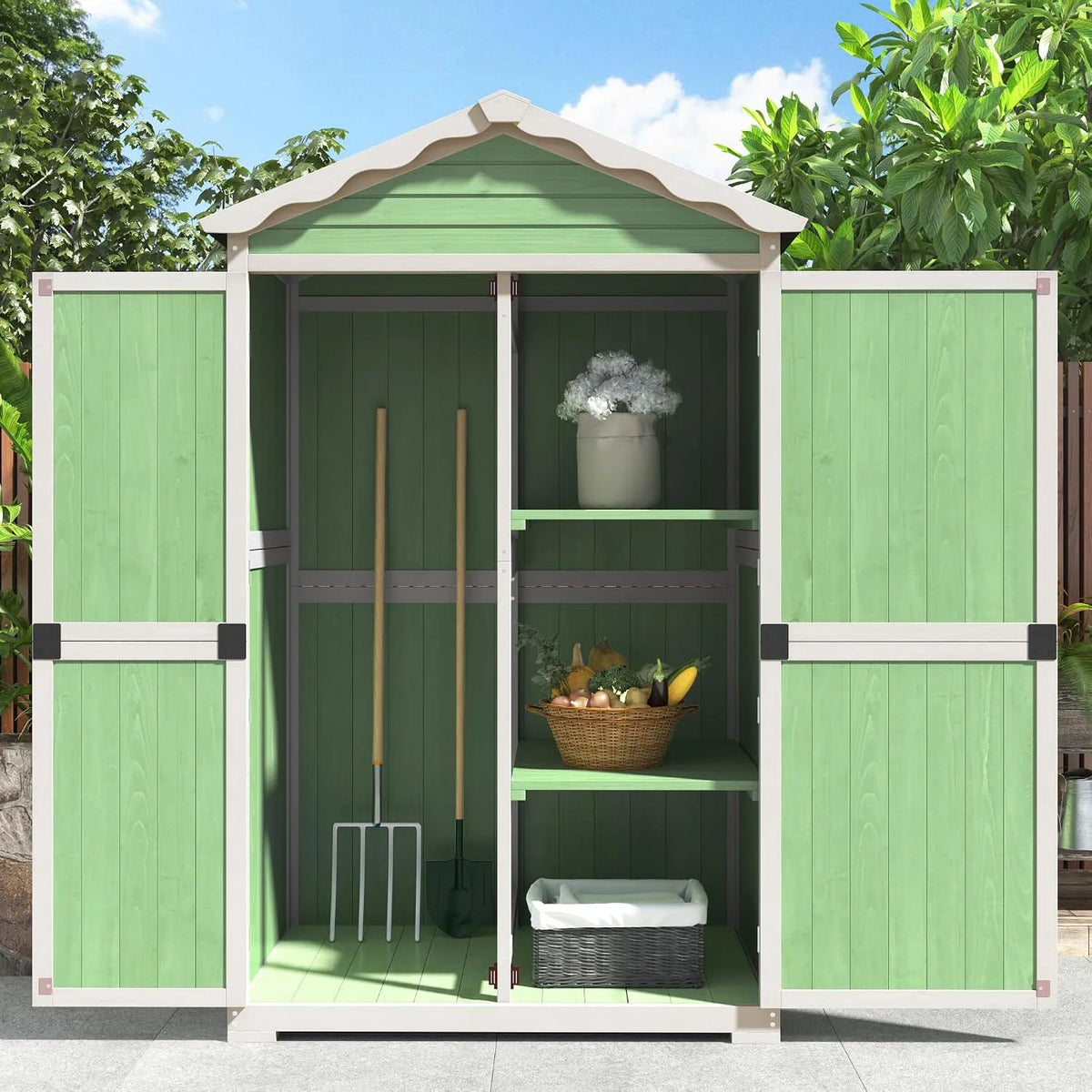 Rangement de jardin en bois pour jardin Meuble de, terrasse, résistant aux intempéries, vert, ne se décolore pas, sûr et protégé