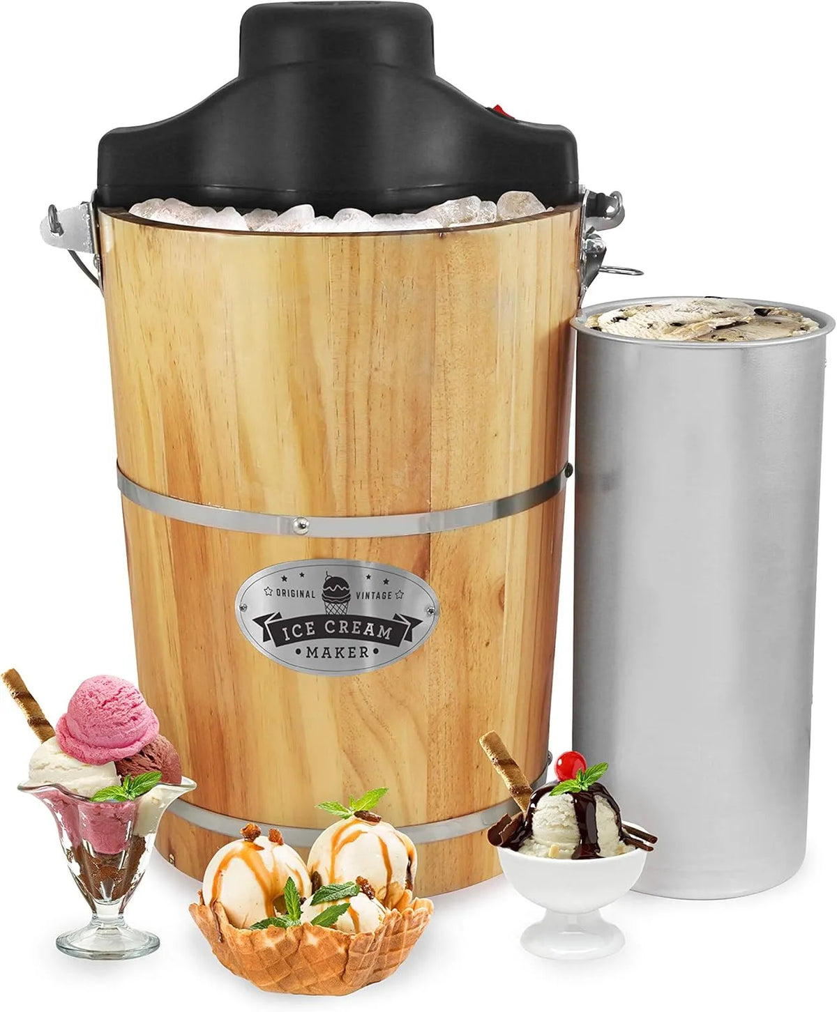 Sorbetière électrique vintage en bois des Appalaches modèle EIM916 Elite Gourmet, capacité 5,7 L, avec manivelle moulée sous pression, pin