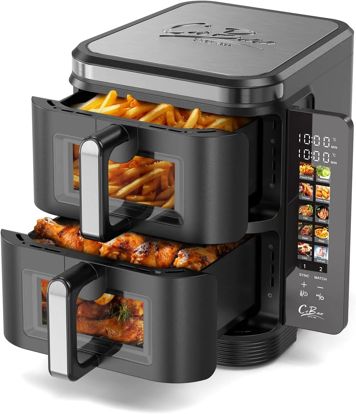 Friteuse à air chaud, matériau ignifuge V0, 2800W, verticale double compartiment, 10 programmes, fenêtre de visualisation