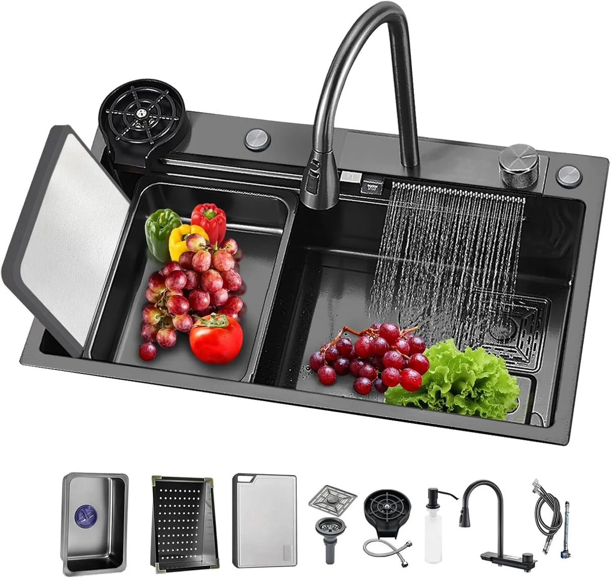 Cuisine cascade de Évier de, finition noire x 45,7 cm, finition noire en acier inoxydable 304, robinet à tirette à cuve unique