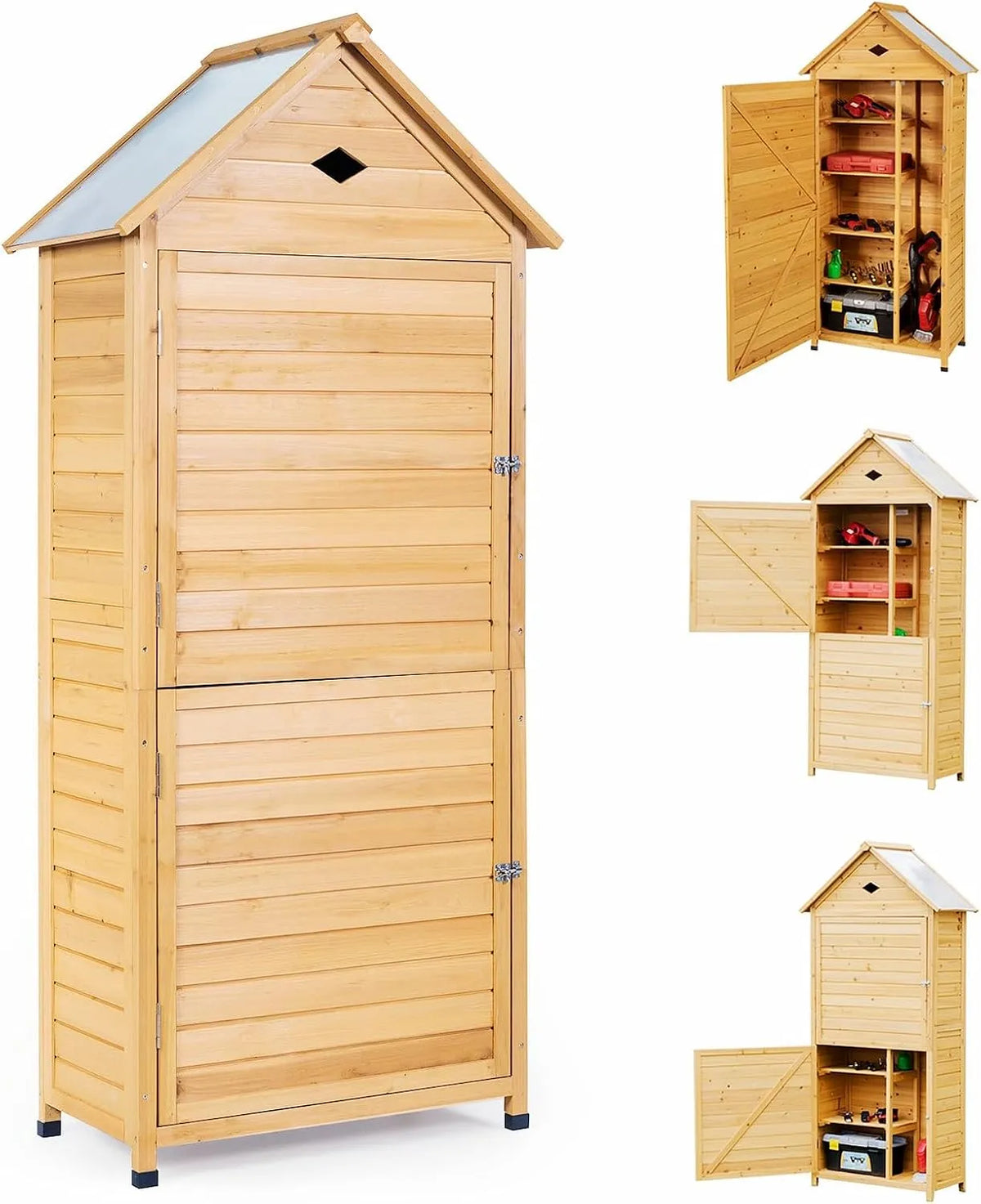 Abri de jardin, en Bois, Abri pour Outils d'Extérieur avec 4 Étagères et 1 Placard, dimensions 80 x 45 x 177cm, Cabane de Rangement
