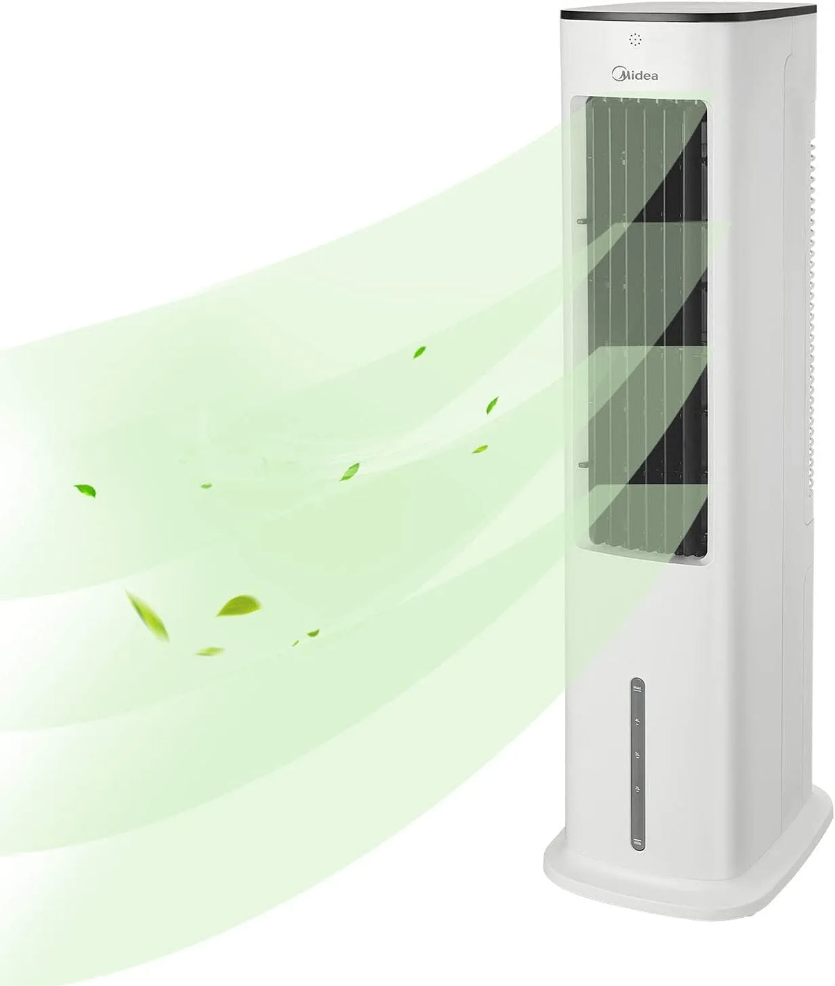 Midea ventilateur, Refroidisseur d'air 4 en 1, avec refroidissement à eau 5L, 355m³/h, puissance 55W, télécommande incluse, finition blanche
