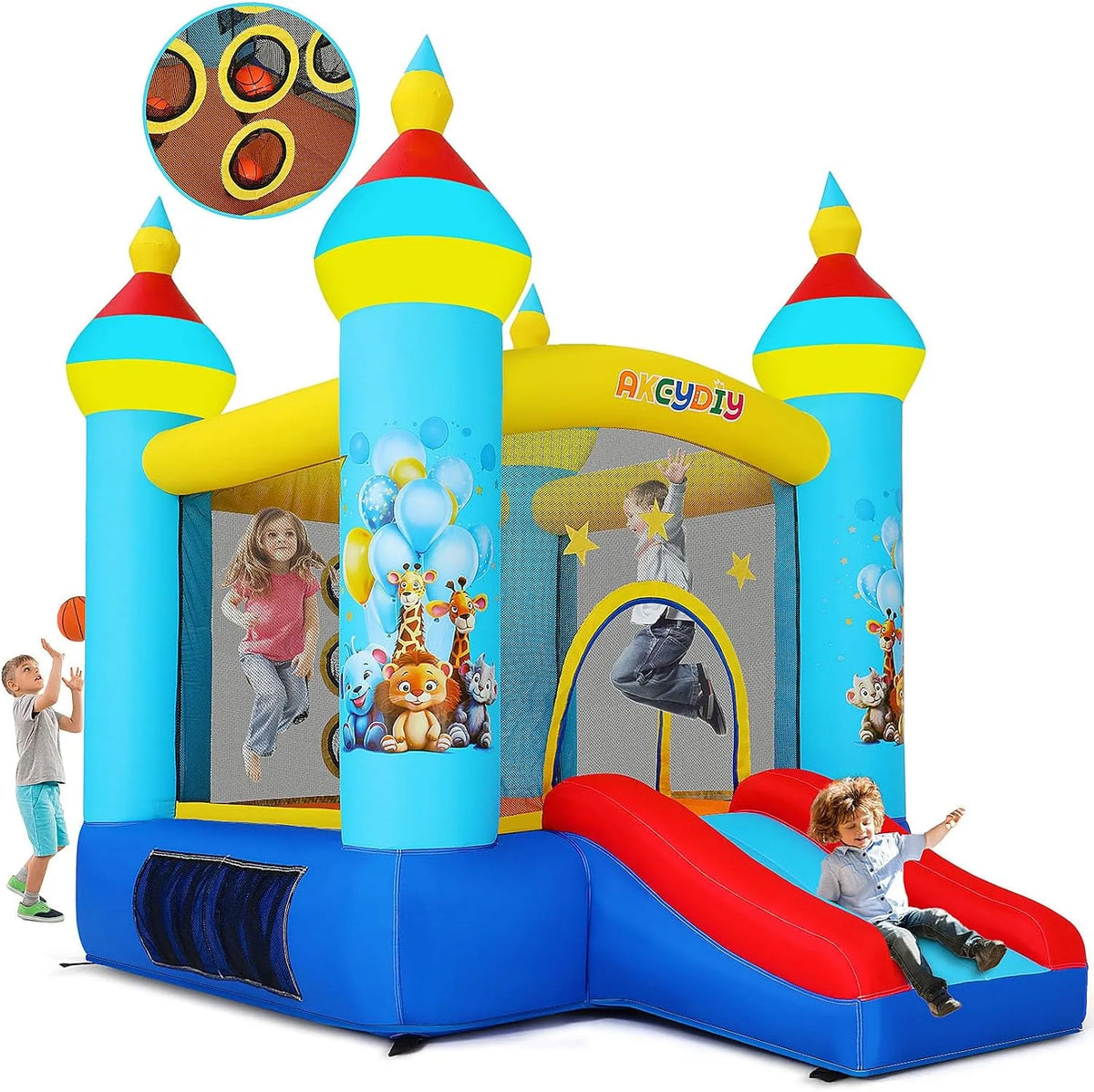 Souffleur de feuilles, Château Gonflable pour Enfants avec Toboggan, Maison Gonflable Intérieure, Extérieure, Parc Zoologique Bleu