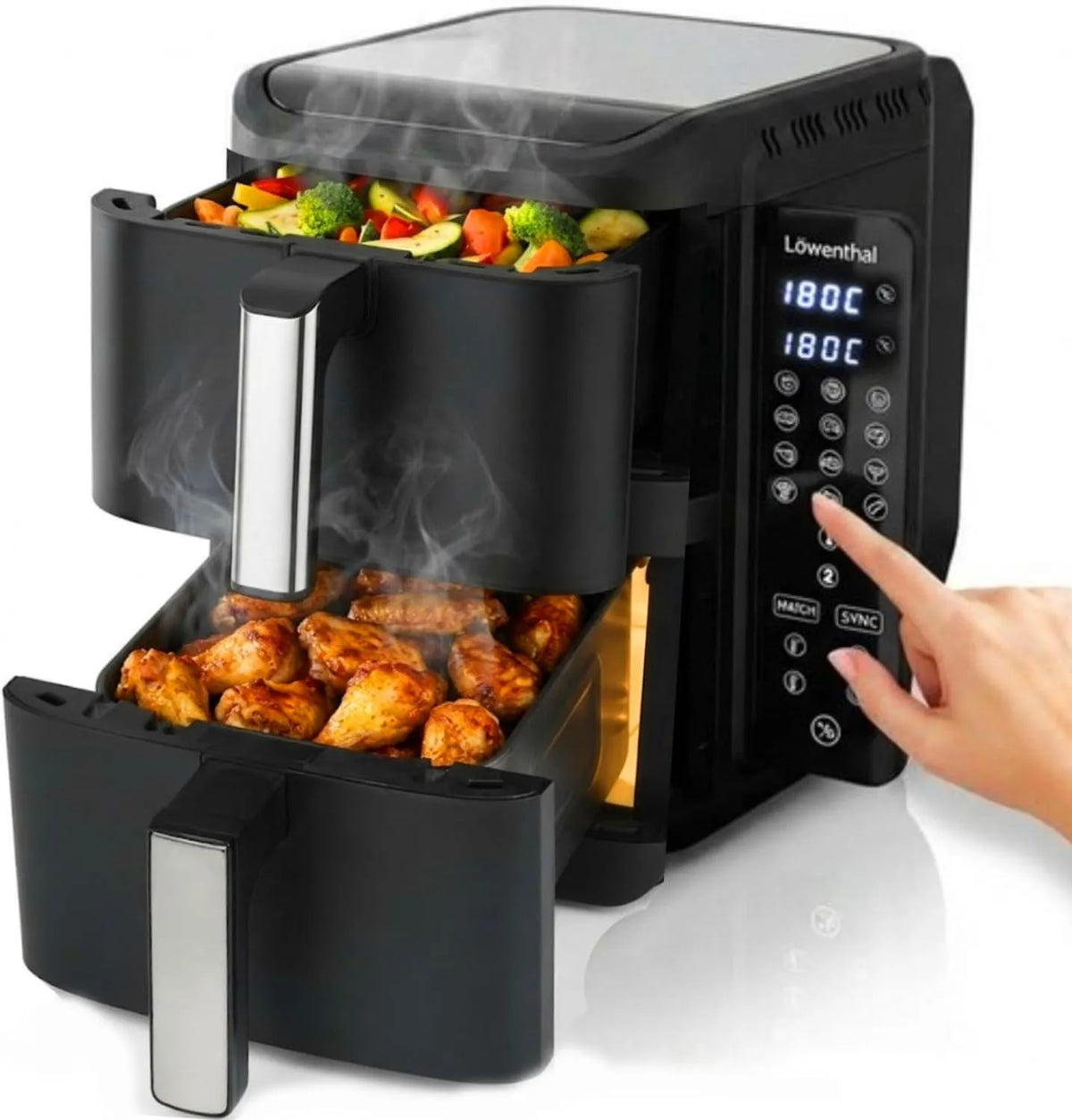 Airfryer XL Löwenthal Dual, dimensions 44.5x27.9x35.2 cm, Friteuse sans Huile à Air Chaud 2 Compartiments 5.5L + 5.5L, 60–200°C, finition noire