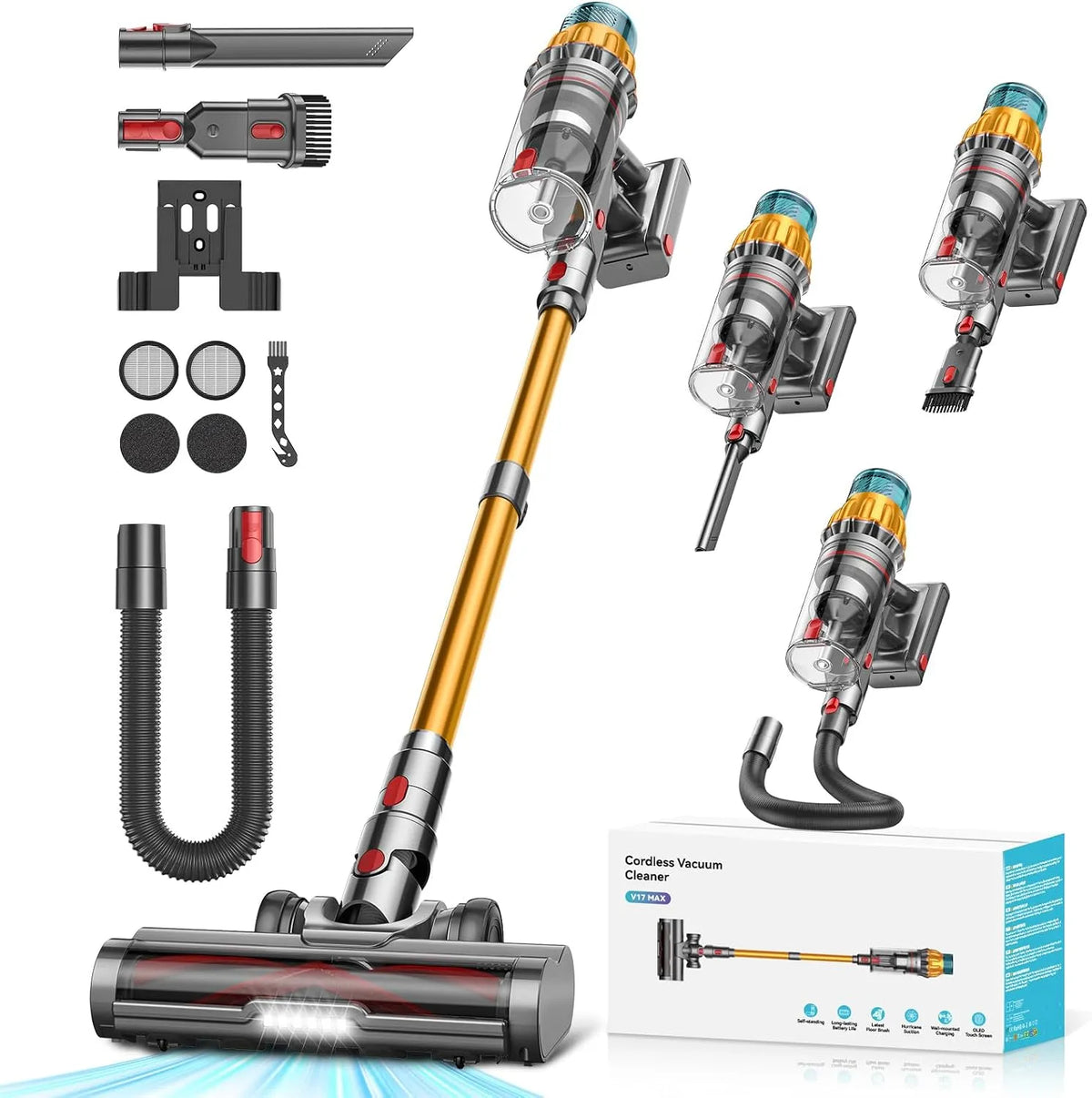Aspirateur balai, capacité 2.0L Aspirateur sans Fil Puissant avec Brosse Anti-Enmêlement Améliorée, 48kPa, 70Min, Recharge Murale