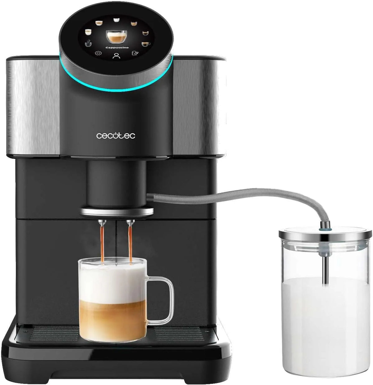 Cecotec cafetière, puissance 1450W, 15 bars, réservoir 290g café, capacité 1,5L d'eau, capacité 600ml lait., écran TFT, Thermoblock, nettoyage auto