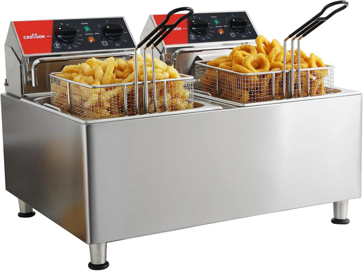 Électrique à double réservoir CROSSON 16 L crosson Friteuse, minuterie de 30 minutes, thermostat EGO, friteuse de comptoir pour usage commercial