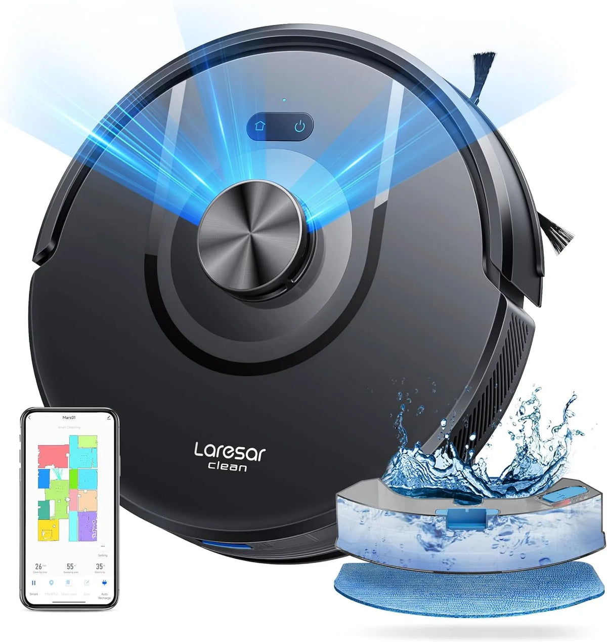 Aspirateur Mars01 Laresar Clean Robot, Laresar Clean Robot Laveur 3 en 1, Navigation LiDAR, Robot 5000Pa d'Aspiration, 5 Cartes Editables