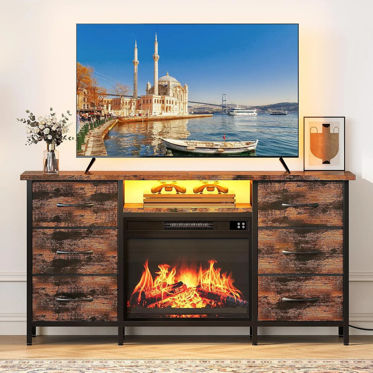 Avec Cheminée Electrique YITAHOME Commode, Commode Chambre avec LED Changeant 6 Tiroirs en Tissu pour Salon, Couloir, Brun, Effet Flamme 3D Réaliste