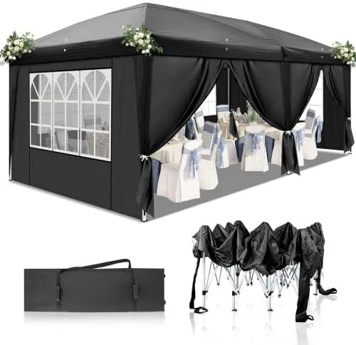 Tonnelle de jardin Bonnlo Gazebo, avec 6 panneaux latéraux, réglable en hauteur, pour extérieur, camping, finition noire, dimensions 3 x 6 m, étanche
