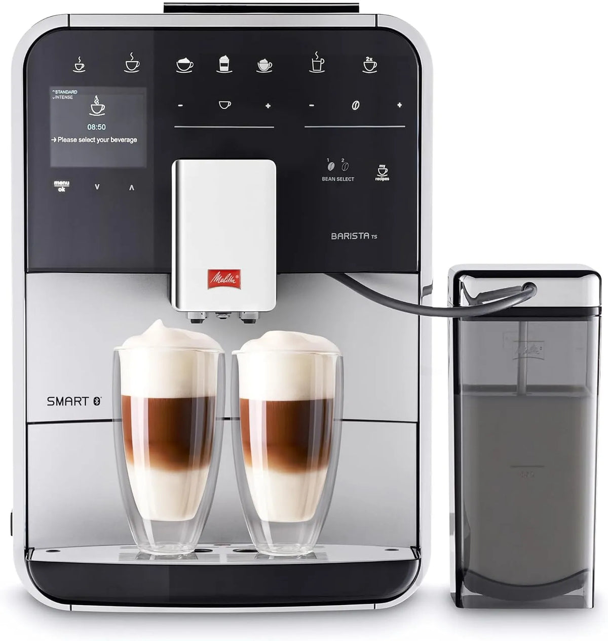 Melitta machine à café F850-101, Barista TS Smart, finition argentée, 2 Réservoirs à Grains, Expresso et Boissons Chaudes Automatique