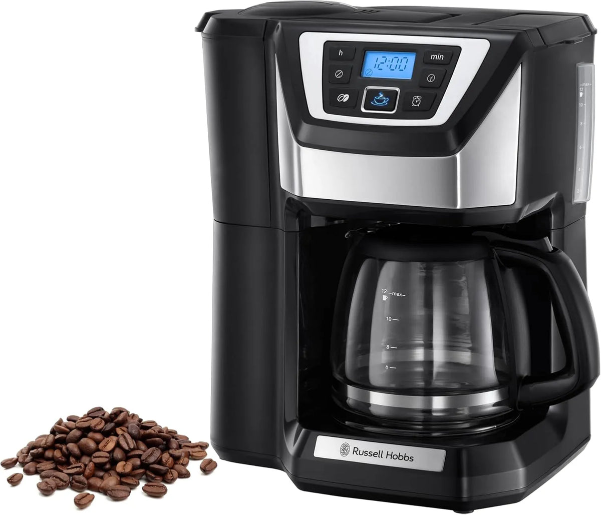 Russell Hobbs cafetière 22000-56, max 12 tasses, verseuse en verre 1,5L, à Grain, Machine à café, Programmable, Chester, réglage de moulure