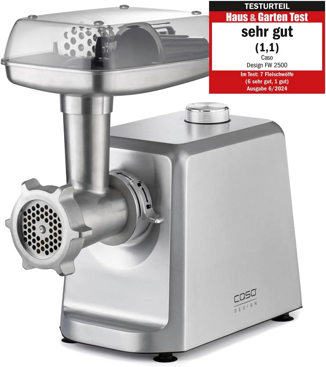 Caso 2 500 W FW 2500, 3, 5 et 8 mm, poids 2,5kg, fonction marche avant et arrière, accessoire à saucisses, finition argentée, 5kg/min